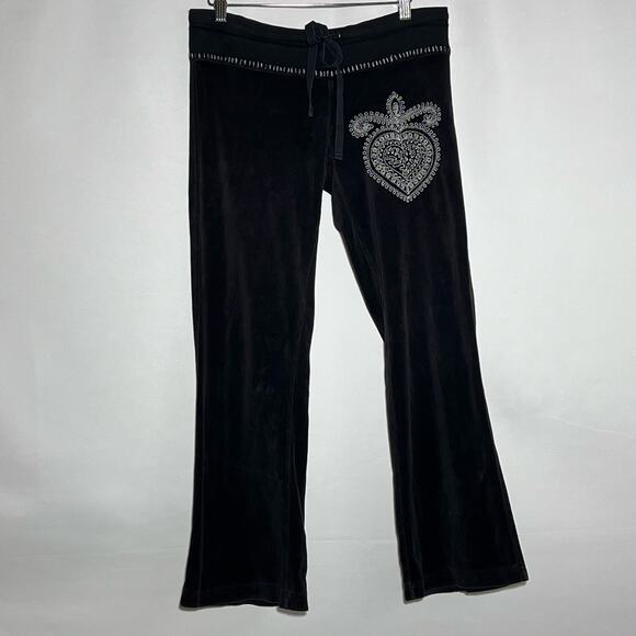 TWISTED HEART Pants - Twisted Heart Y2K Velour Embelished Sweat Pants Black Womens Size M Lounge